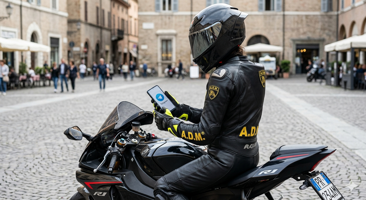 Motociclista A.D.M. con smartphone Telegram
